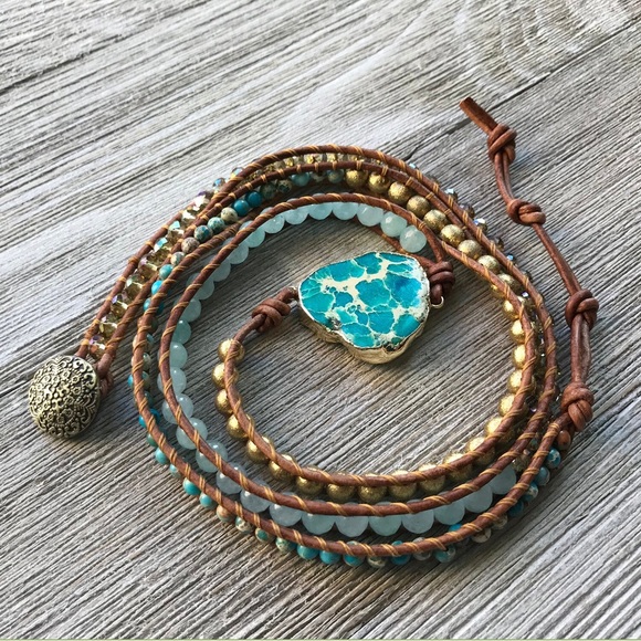 Boho leather gemstone wrap bracelet - Picture 3 of 4